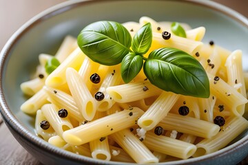 Penne pasta with basil and peppercorns served in a ceramic bowl close up shot view from above