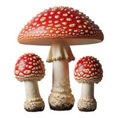 Obraz premium Three amanita muscaria mushrooms with red cap and white spot isolated on transparent background