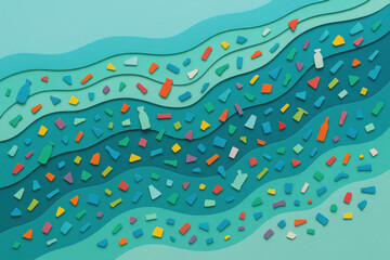 Paper cut microplastic pollution in river flow with layered water channels. Colorful plastic shard and waste drift downstream in concerning conceptual illustration of contamination