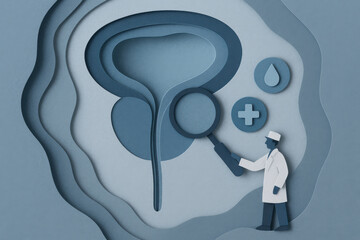 Paper cut prostate illustration with focused medic checking health icons. blue and gray concept for urology and diagnosis representing serious men healthcare awareness
