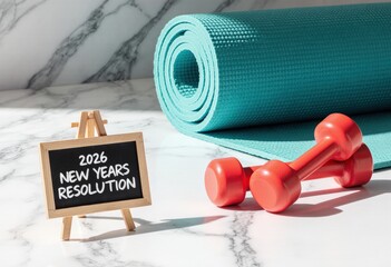 2026 fitness goals concept with yoga mat and dumbbells on marble surface