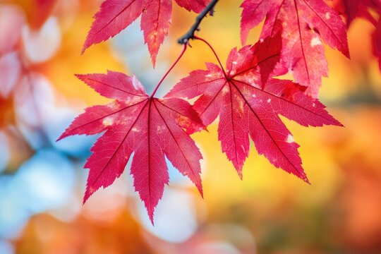 A vibrant autumn scene with a mix of red, orange, and yellow leaves on a tree branch, set against a backdrop of blurred orange and yellow hues, creating a warm and inviting atmosphere.