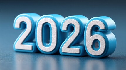 Blue desk calendar with large white 3D numbers showing year 2026 on matching blue background, symbolizing planning, future, and organization