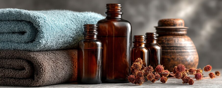 Spa aromatherapy set with amber bottles, rolled towels, and dried flowers on a wooden table
