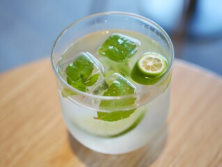 Refreshing drink with lime and mint in a clear glass on a wooden table top view close up shot
