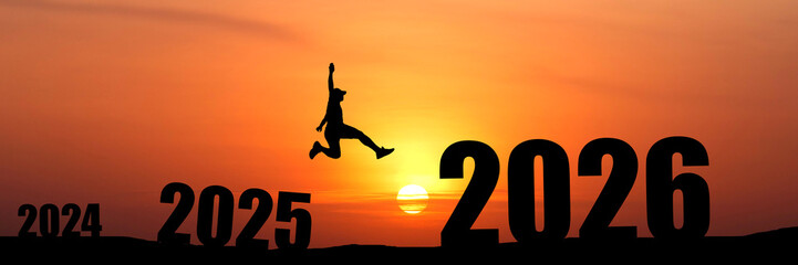 for banner A person jumps to welcome the new year 2026 at sunset