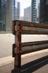 Rusty railing against a backdrop of modern city buildings on a sunny day outside