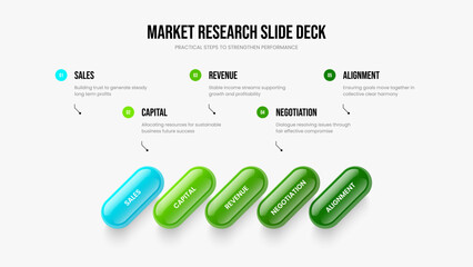 Product Planning Five Step Diagram Slideshow Template. Advertising Development 5 Element Infographic Presentation Design. Market Visualization Slide Layout Vector Illustration.