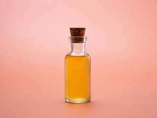 Small glass bottle filled with yellow liquid and a cork stopper on a pink background