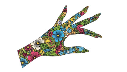 Colorful open human hand shape filled with detailed psychedelic floral pattern design isolated PNG with Transparent Background