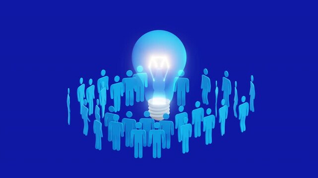 Modern blue human icons standing around a glowing light bulb, representing brainstorming, unity, creative thinking and group collaboration. Ideal for corporate, tech and educational projects.