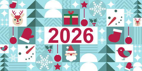 vector geometric bauhaus seamless mosaic background. Merry Christmas and Happy New Year 2026