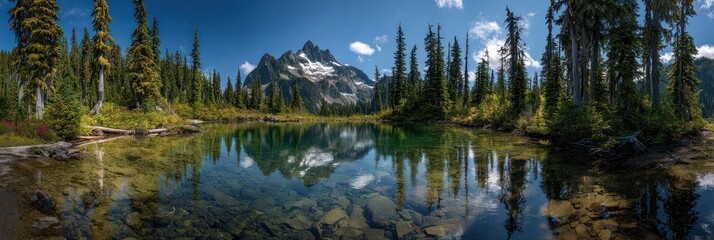 A serene mountain lake reflects a snow-capped peak and surrounding evergreen forest under blue skies