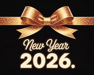 Elegant golden ribbon bow adorns a festive new year 2026 greeting against a deep black background