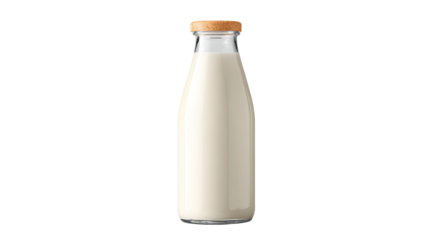 Fresh glass bottle of milk standing upright with clean white liquid, simple design, and minimal background for product presentation
