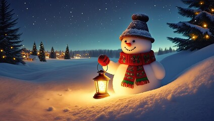 Cheerful snowman holding glowing lantern in snowy landscape at night with northern lights stars and illuminated trees creating magical scene