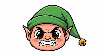 Cute elf head character expressing anger with clenched teeth and big eyes, still adorable in festive green hat. Bold outline cartoon vector for holiday humor graphics and children merchandise.