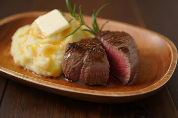 Steak with mashed potatoes and butter on a wooden plate close up delicious food