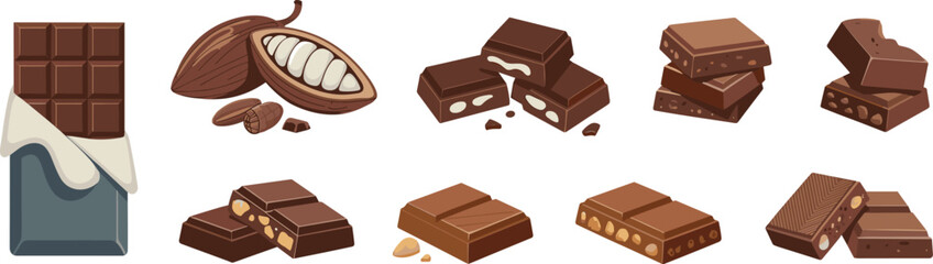 Isometric Illustration of Chocolate Variations Including Cocoa Pod, Nutty Bars, Filled Pieces, and White Chocolate Coating