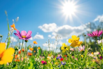 A vibrant field of flowers under a clear blue sky, with the sun shining brightly overhead.