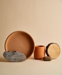 Terracotta and wood still life composition, beige background, minimalist aesthetic