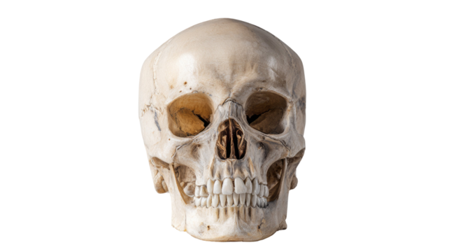 Detailed human skull with realistic bone texture anatomical structure high resolution medical reference model isolated on white background