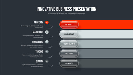 Company Profile 5 Step Infographic Slide Design. Advertising Review Frame Layout Vector Illustration. Professional Campaign Five Element Diagram Slideshow Template.