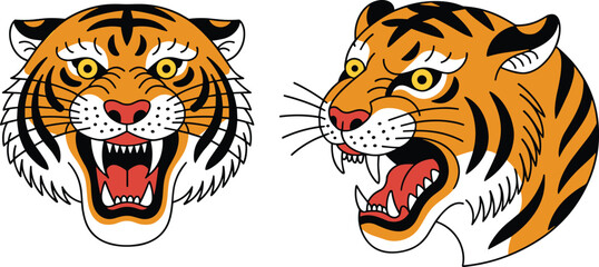 Traditional tattoo-style tiger heads illustrated with fierce expressions, bold lines, striking colors, and classic vintage art elements for design and decoration themes