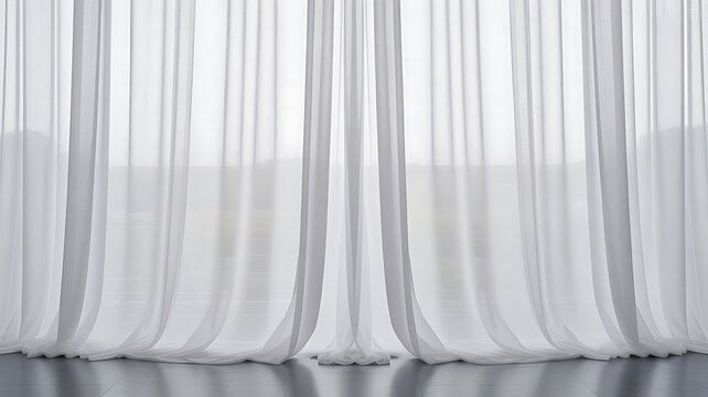 Soft white sheer curtains gently draped, creating an ethereal and airy atmosphere, filtering natural light beautifully