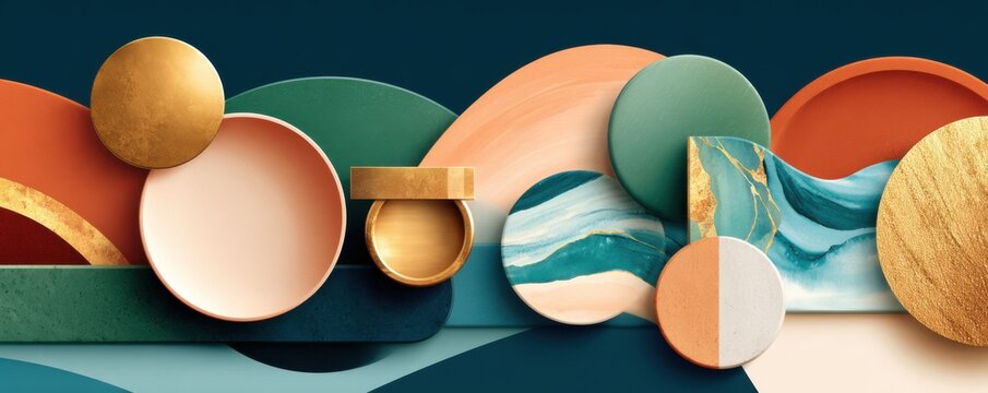 Abstract geometric composition with colorful circles and arcs for modern decorative art and design