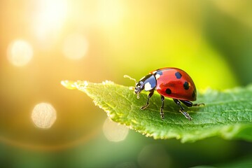 Naklejka premium A vibrant red ladybug with black spots is perched on a green leaf, basking in the warm sunlight.