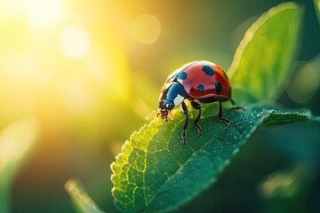 Naklejka premium A vibrant ladybug with a distinctive red and black shell, perched on a green leaf with its wings spread wide, basking in the warm sunlight.