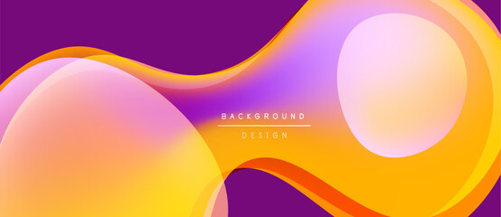 Abstract fluid shapes, vibrant colors blend. Purple, orange, pink gradients create modern design. Background features text elements.