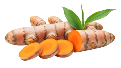 Fresh turmeric root with slices and leaves isolated on transparent background