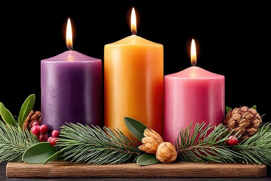 Three lit pillar candles in purple, orange, and pink with festive greenery and pinecones