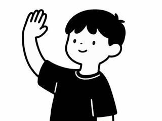 A simple illustration of a cute boy raising his hand. Greeting. Raising a hand.