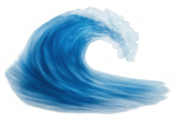 Powerful blue ocean wave cresting and breaking, showing water motion and dynamic energy on a transparent background