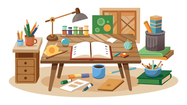 Bright home office desk with open notebook, art supplies, and creative workspace setup for productivity and inspiration