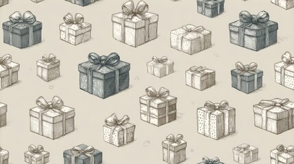 Seamless festive pattern of hand-drawn gift boxes with ribbon bows on textured gray background