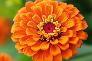 A vibrant orange flower with a bright red center, surrounded by green leaves and stems.
