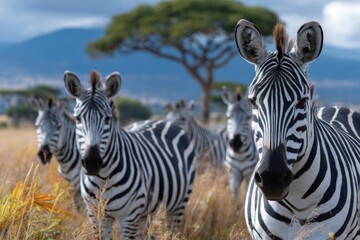 Naklejka premium a large herd of zebras and other animals in the serengeti, with clouds overhead