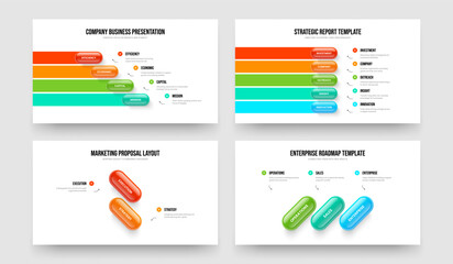 Marketing Strategy 4 5 2 3 Element Diagram Presentation Design Set. Product Development Four Five Two Three Step Infographic Slideshow Template Vector Illustration Bundle.