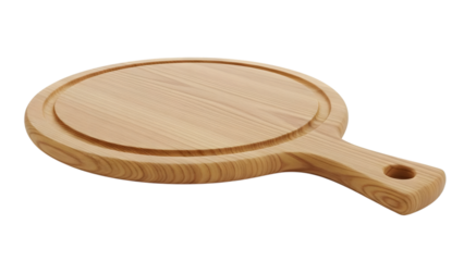 Round wooden pizza paddle or cutting board isolated on transparent background