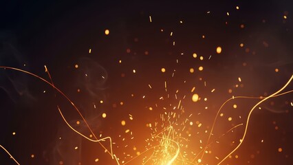 Abstract golden sparks and glowing light trails rising from a fiery base on a dark background, dynamic energy effect.