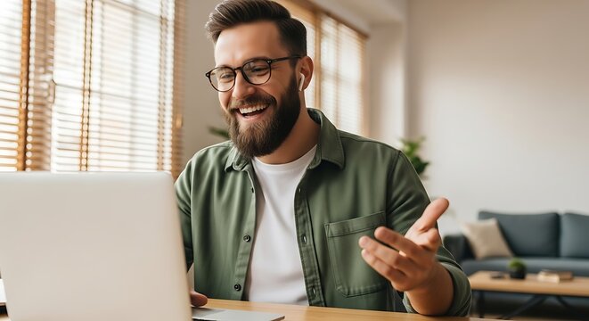 Cheerful bearded businessman wearing glasses and earbuds, laughing during a video conference call on his laptop at home office