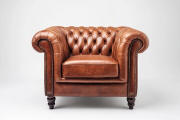 A classic Chesterfield sofa with a rich, dark brown leather upholstery and a tufted backrest.