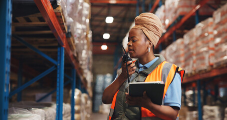 Supply chain, tablet and black woman in warehouse, radio and communication for shipping. African...