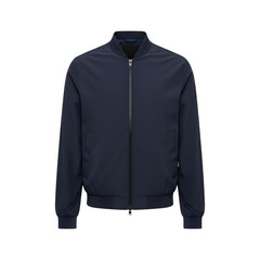 Navy blue lightweight bomber jacket for men with zipper closure on a black background