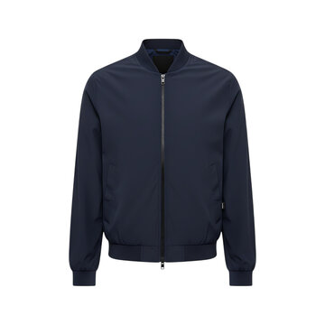 Navy blue lightweight bomber jacket for men with zipper closure on a black background