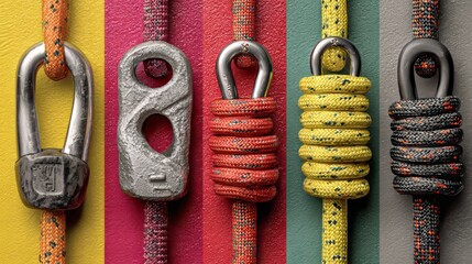 Five Colorful Climbing Ropes with Different Metal Terminals Hanging on Vibrant Multicolored Background &ndash; Rock Climbing and Outdoor Gear Concept